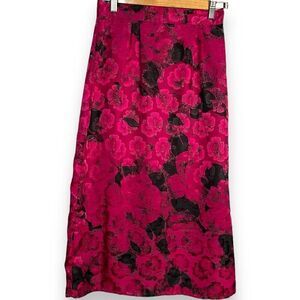 Melody Brooke Midi Length A-Line Skirt Women's 7 Juniors Pink Floral Slit Satiny